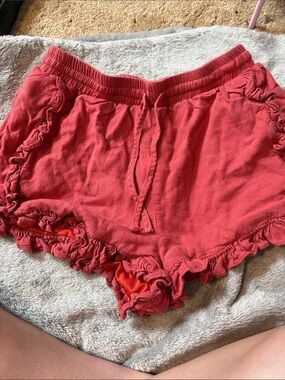 Very J Coral Red Ruffled Lounge Shorts